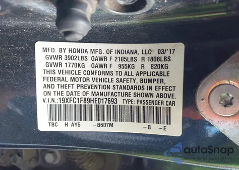 2017 Honda Civic Ex-L из США, поврежденный, VIN 19XFC1F89HE017693